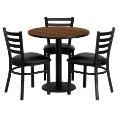 Emma and Oliver 30'' Round Laminate Table Set with 3 Ladder Back Metal Chairs Walnut