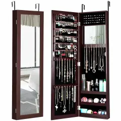 Full Length Mirror Jewelry Cabinet with Ring Slots and Necklace Hooks Coffee