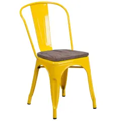 Merrick Lane Amsterdam Series Dining Chair - Blue Metal Frame - Textured Wooden Seat - Slatted, Curved Back Yellow