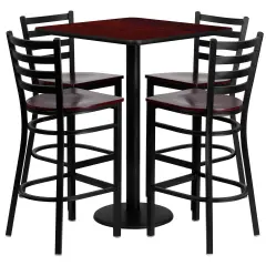 Emma and Oliver 30" Square Laminate Table Set with 4 Ladder Back Metal Barstools Mahogany