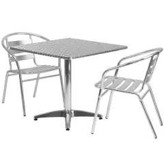 Emma and Oliver 31.5'' Square Aluminum Indoor-Outdoor Table Set with 2 Slat Back Chairs
