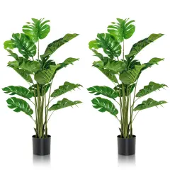 Green PEVA Plastic Monstera Artificial Tree 60 Inch with Cement Pot Set of 2 for Home and Office Decor