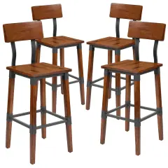 Merrick Lane Breton Bar Height Dining Stools with Steel Supports and Footrest - Set Of 4 Walnut Brown
