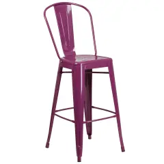 Merrick Lane Sabine Metal Indoor-Outdoor Barstool with Vertical Slat Back and Integrated Footrest Purple