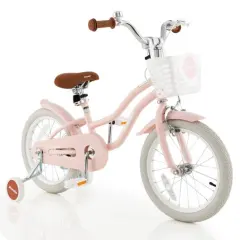16 Inch Kids Adjustable Bike with Cute Basket for Storage and 2 Training Wheels Pink