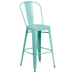 Merrick Lane Sabine Metal Indoor-Outdoor Barstool with Vertical Slat Back and Integrated Footrest Mint Green