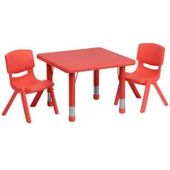 Emma and Oliver 24" Square Plastic Height Adjustable Activity Table Set with 2 Chairs Red