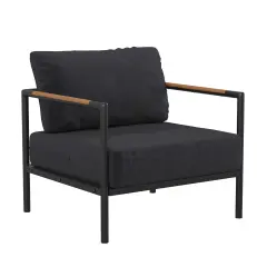 Merrick Lane Eastport Outdoor Accent Chair with Removable Plush Fabric Cushions and Teak Accented Aluminum Frame Charcoal