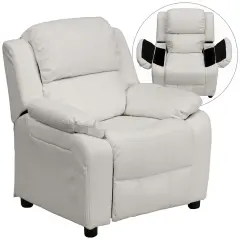 Emma and Oliver Deluxe Padded Contemporary Kids Recliner with Storage Arms White Vinyl