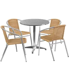 Emma and Oliver 27.5" Round Aluminum Garden Patio Table Set with 4 Rattan Chairs Beige