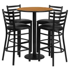 Emma and Oliver 30" Round Laminate Table Set with 4 Ladder Back Metal Stools NaturalTop/BlackVYL
