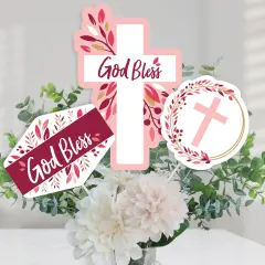 Big Dot of Happiness Pink Elegant Cross - Girl Religious Party Centerpiece Sticks - Table Toppers - Set of 15