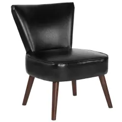 Merrick Lane Santino Faux Leather Mid-Back Retro Accent Side Chair with Flared Wooden Legs Black Faux Leather