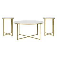 Merrick Lane Fairdale Round Coffee Table Set - 3 Piece Coffee Table Set with Crisscross Frame - Coffee Table & 2 End Tables WhiteMar/BrushGold