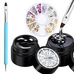 4 Pieces Set Rhinestone Glue for Nail, No Wipe Nail Gem Glue, Super Strong Adhesive Glue Gel with Nail Charms & Dual-Use Nail Brush for Nail Rhinestones/Nail Jewelry/Nail Diamonds