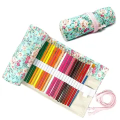 Wrapables Pencil Roll Organizer, Colored Pencil Wrap Pouch (72 slots) Pink Rose on Teal
