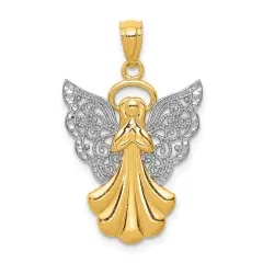 14K Gold & White Gold Filigree Angel Pendant Charm Jewelry 28 x 18 mm