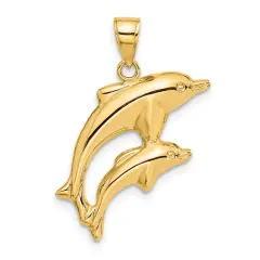 14K Gold Jumping Double Dolphin Charm Ocean Pendant Jewerly 24mm x 18mm