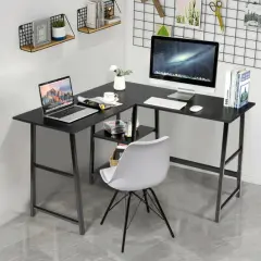 L Shaped Corner Computer Desk with Storage Shelves and Heavy Duty Metal Frame Black