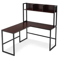 Reversible L-Shaped Corner Desk with Storage Bookshelf and Open Storage Hutch Dark Brown