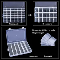 2 Pack 36 Grids Clear Plastic Organizer Box Container Craft Storage with Adjustable Dividers for Beads Organizer Art DIY Crafts Jewelry Fishing Tackles with 5 Sheets Label Stickers