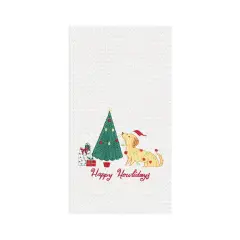 Christmas "Happy Howlidays" Dog with Christmas Tree Cotton Embroidered Waffle Weave Kitchen Dish Towel