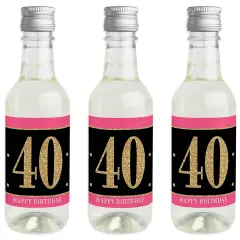 Big Dot of Happiness Chic 40th Birthday - Pink, Black and Gold - Mini Wine and Champagne Bottle Label Stickers - Birthday Party Favor Gift - Set of 16