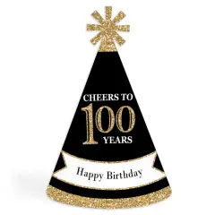 Big Dot of Happiness Adult 100th Birthday - Gold - Cone Birthday Party Hats for Adults - Set of 8 (Standard Size)