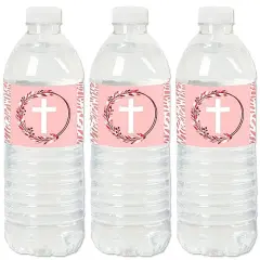 Big Dot of Happiness Pink Elegant Cross - Girl Religious Party Water Bottle Sticker Labels - Set of 20
