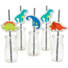 Big Dot of Happiness Roar Dinosaur - Paper Straw Decor - Dino Mite T-Rex Baby Shower or Birthday Party Striped Decorative Straws - Set of 24