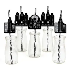 Big Dot of Happiness Nighttime City Skyline - Paper Straw Decor - New York Party Striped Decorative Straws - Set of 24