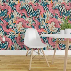 Peel & Stick Wallpaper 2FT Wide Pink Gator Bright Animal Alligator Maximalism Reptile Large Scale Tropical Floral Crocodile Custom Removable Wallpaper by Spoonflower