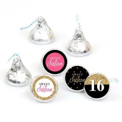 Big Dot of Happiness Chic 16th Birthday - Pink, Black and Gold - Round Candy Sticker Favors - Labels Fits Chocolate Candy (1 sheet of 108)