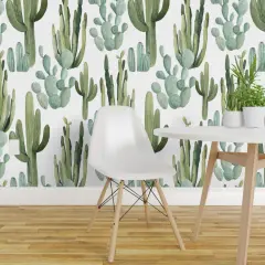 Pre-Pasted Wallpaper 2FT Wide Desert Cactus Greenery Cacti Watercolor Southwestern Boho Nursery Succulents Kid Decor Custom Pre-pasted Wallpaper by Spoonflower
