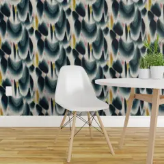 Peel & Stick Wallpaper 2FT Wide Abstract Indigo Tie Dye Japanese Inspired Watercolor Ikat Navy And Mustard Ombre Custom Removable Wallpaper by Spoonflower