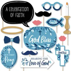 Big Dot of Happiness Blue Elegant Cross - Boy Religious Party Photo Booth Props Kit - 20 Count