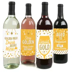Big Dot of Happiness Golden Birthday - Happy Birthday Party Decorations for Women and Men - Wine Bottle Label Stickers - Set of 4