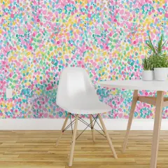 Peel & Stick Wallpaper 2FT Wide Watercolor Dots Pastel Abstract Colorful Cheerful Happy Bright Pink Yellow Blue Custom Removable Wallpaper by Spoonflower