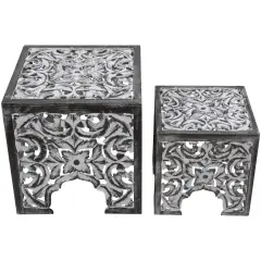 Northlight Set of 2 Antique Gray and Black Square Stackable Nesting Side Table and Stool 16"