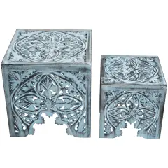Northlight Set of 2 Antique Blue Square Stackable Nesting Side Table and Stool 16"