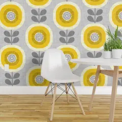 Peel & Stick Wallpaper 2FT Wide Mid Century Floral Scandi Style Faux Woven Texture Gray Yellow Sunflowers Custom Removable Wallpaper by Spoonflower