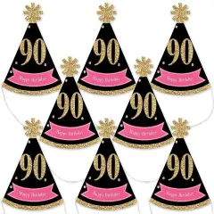 Big Dot of Happiness Chic 90th Birthday - Pink, Black and Gold - Mini Cone Birthday Party Hats - Small Little Party Hats - Set of 8