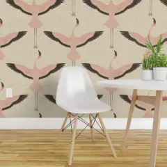 Peel & Stick Wallpaper 2FT Wide Flamingos Natural Bird Retro Birds Japanese Art Deco Flamingo Custom Removable Wallpaper by Spoonflower