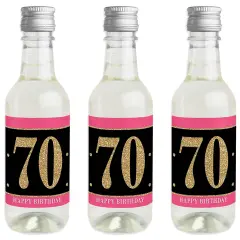 Big Dot of Happiness Chic 70th Birthday - Pink, Black and Gold - Mini Wine and Champagne Bottle Label Stickers - Birthday Party Favor Gift - Set of 16