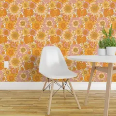 Peel & Stick Wallpaper 2FT Wide 1970S Floral Orange Retro Flowers Vintage Boho 1960S Flower Power Bright Sunny Groovy Custom Removable Wallpaper by Spoonflower