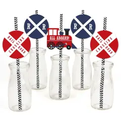 Big Dot of Happiness Railroad Party Crossing - Paper Straw Decor - Steam Train Birthday Party or Baby Shower Striped Decorative Straws - Set of 24
