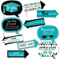 Big Dot of Happiness Funny Teal Graduation Party Photo Booth Props Kit - 10 Piece