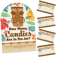 Big Dot of Happiness Tropical Luau - How Many Candies Hawaiian Beach Party Game - 1 Stand and 40 Cards - Candy Guessing Game