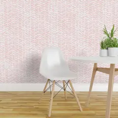 Peel & Stick Wallpaper 2FT Wide White Pink Herringbone Chevron Girl Nursery Custom Removable Wallpaper by Spoonflower