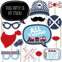 Big Dot of Happiness Railroad Party Crossing - Steam Train Birthday Party or Baby Shower Photo Booth Props Kit - 20 Count